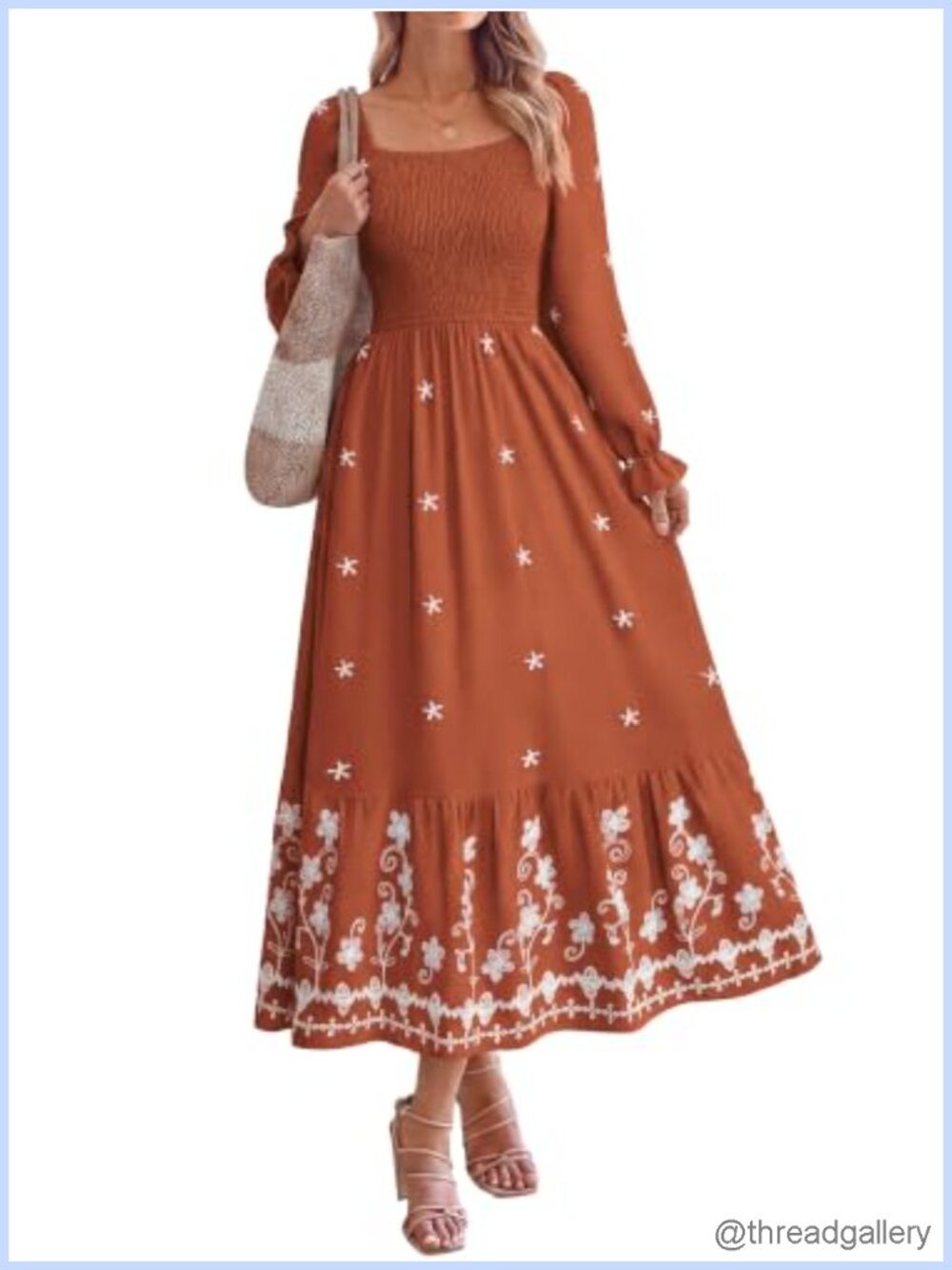 Women's Boho Maxi Dress Long Sleeve Square Neck Embroidered A-Line